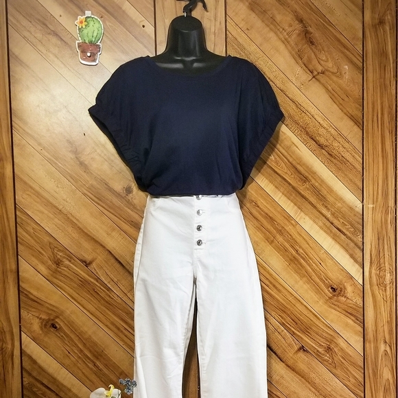 DKNY Cinched Sleeve Elastic Cuff Blouse Top in Navy Blue - Picture 12 of 13